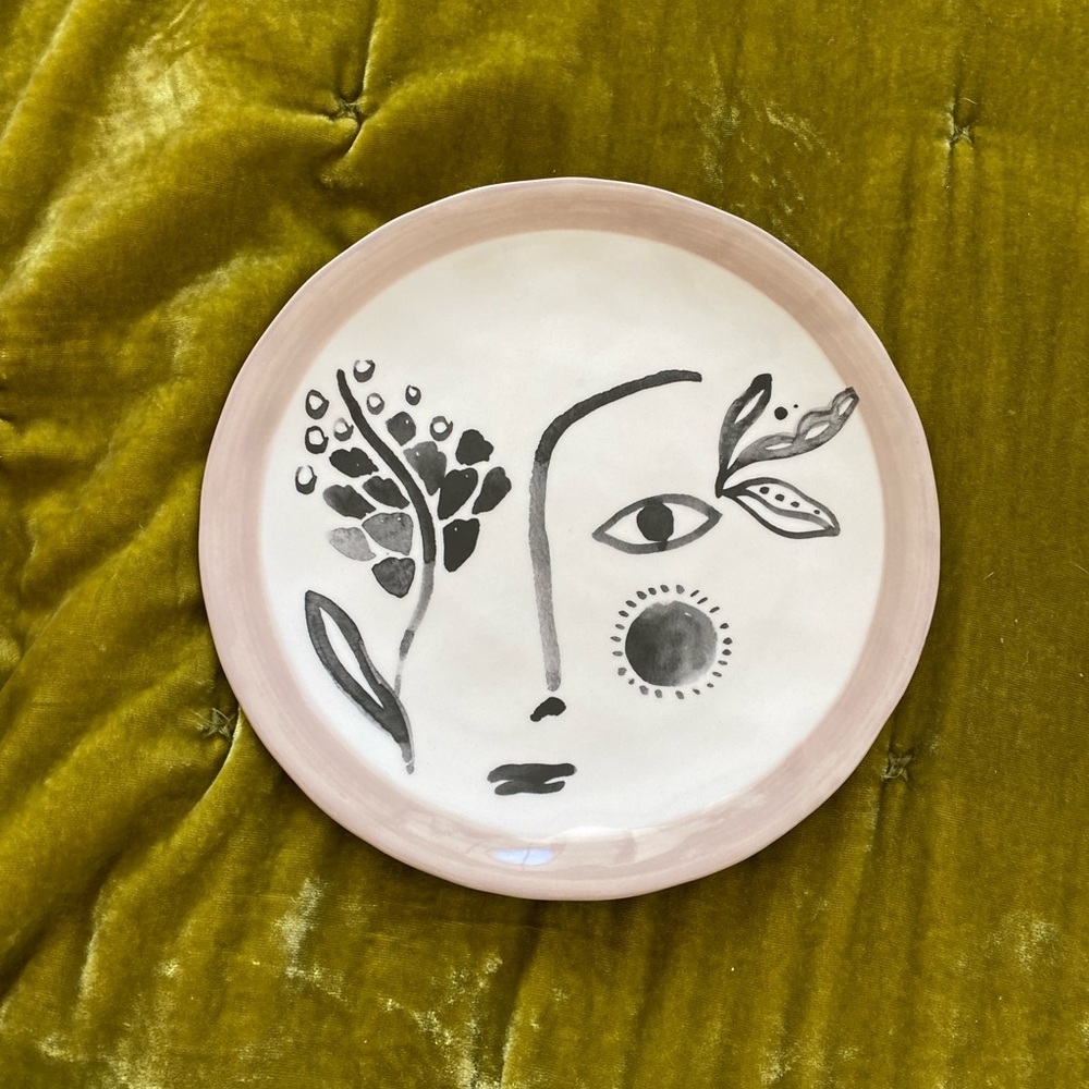 Anthropologie Pink and Black Face Motif Ceramic Plate